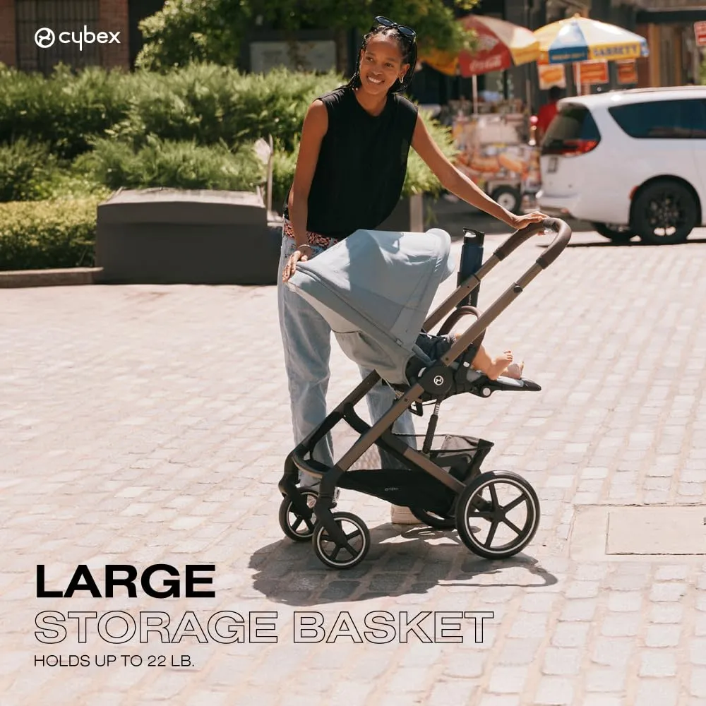 Cybex Balios S Lux Toddler and Baby Stroller with Reversible Seat, Unique One-Pull Harness, and Multiple Recline - Travel System Ready, with One Hand Fold, Taupe Frame/Sky Blue Seat