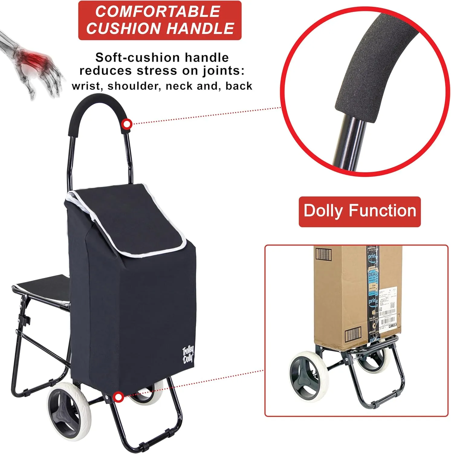 dbest products Trolley Dolly with Seat Sport, Black Shopping Grocery Foldable Cart Tailgate