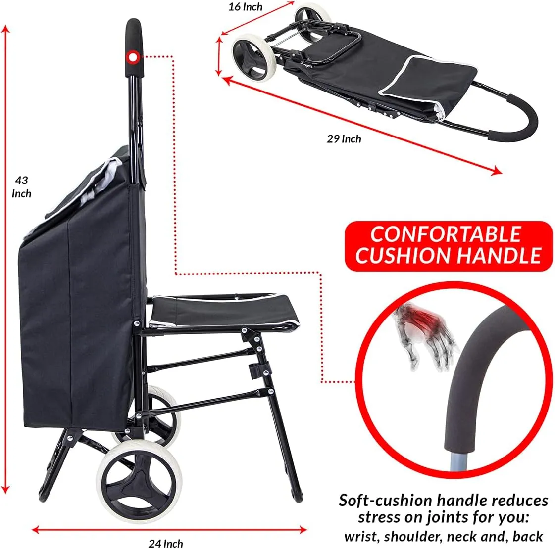 dbest products Trolley Dolly with Seat Sport, Black Shopping Grocery Foldable Cart Tailgate