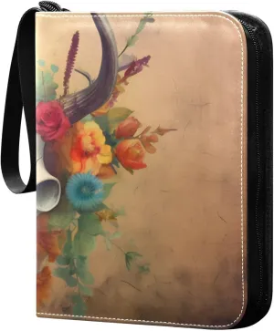 Deer Skull with Colorful Flowers Card Binder Trading Cards Holder 4-Pocket，Album Pages Card Display Sleeves Fits 400 Cards Collector Book