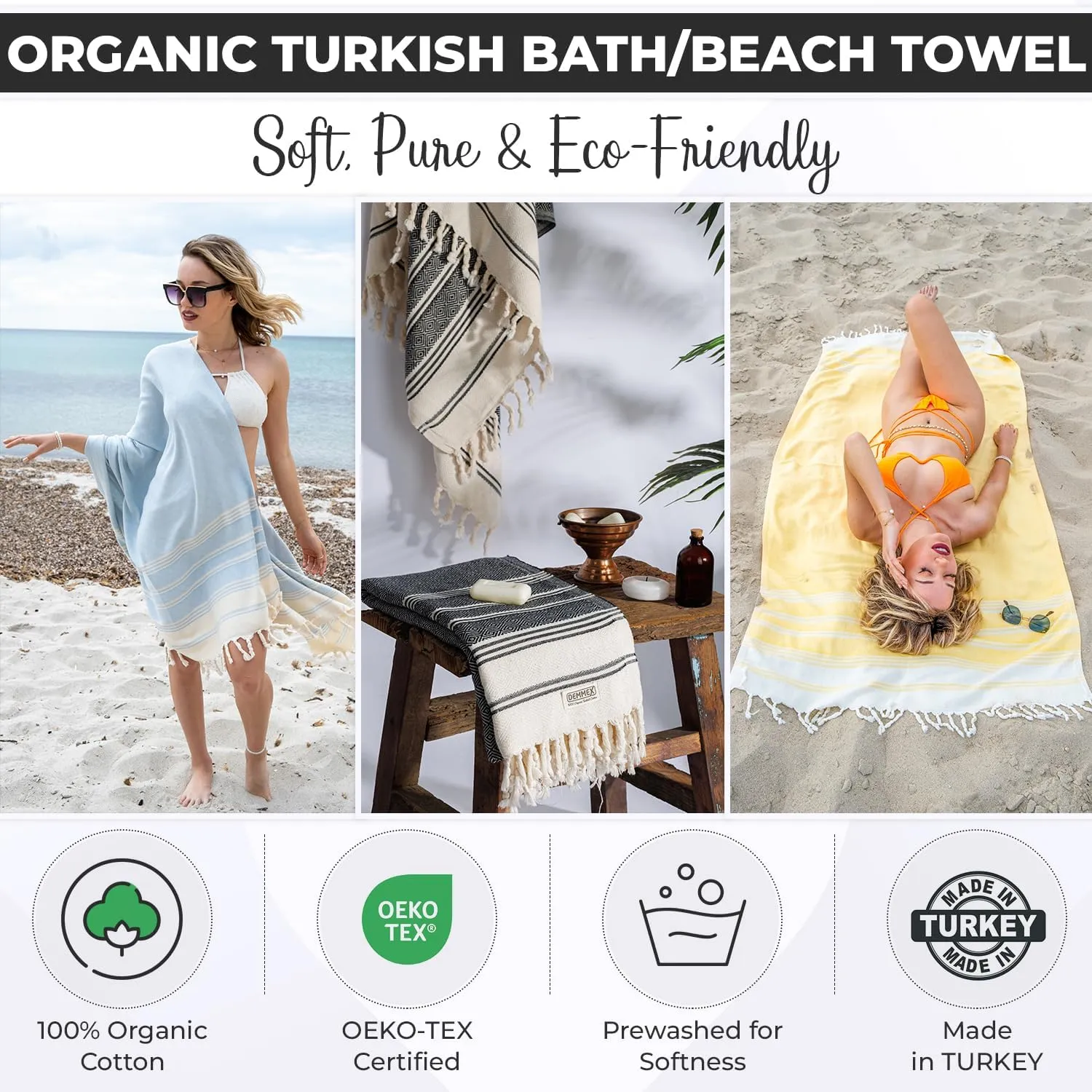 DEMMEX Organic Turkish Cotton Ultra Soft Bath and Beach Towel - Luxury Oversized Peshtemal for Bathroom and Beach - Lightweight, Quick-Drying, Sand Free - Prewashed, Diamond Weave, 71x36'' (Purple)