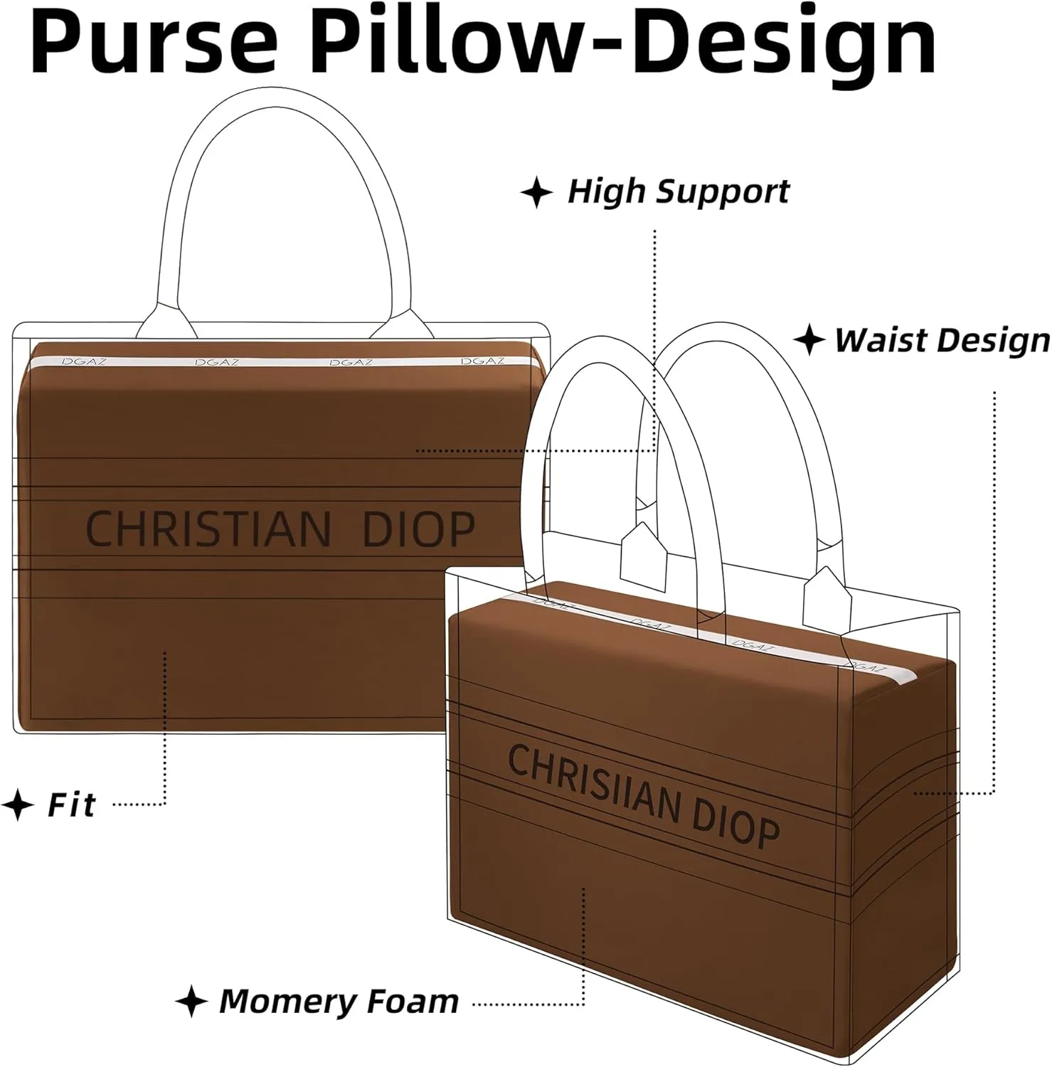 DGAZ Purse Pillow Insert for Dior Book Tote bags, Memory Foam, Silky Pillow Shaper for Luxury Handbags(Gold,Medium)