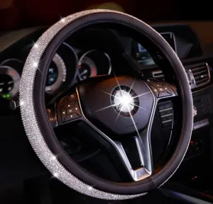 Diamond Leather Steering Wheel Cover with Bling Bling Crystal Rhinestones, Universal Fit 15 Inch Car Wheel Protector for Women , Silver