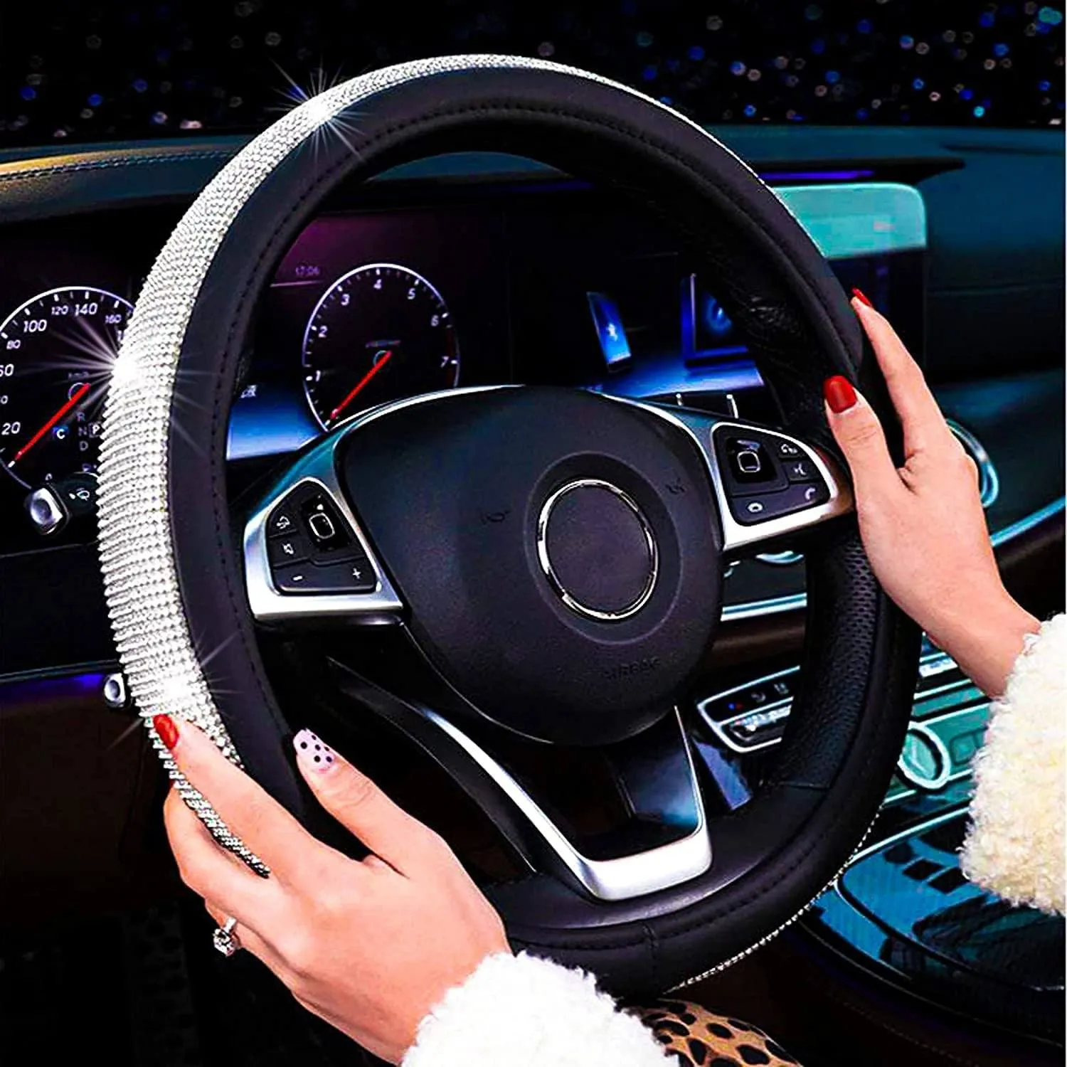 Diamond Leather Steering Wheel Cover with Bling Bling Crystal Rhinestones