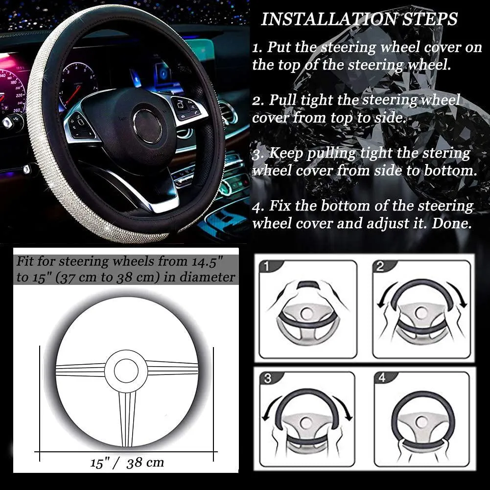 Diamond Leather Steering Wheel Cover with Bling Bling Crystal Rhinestones