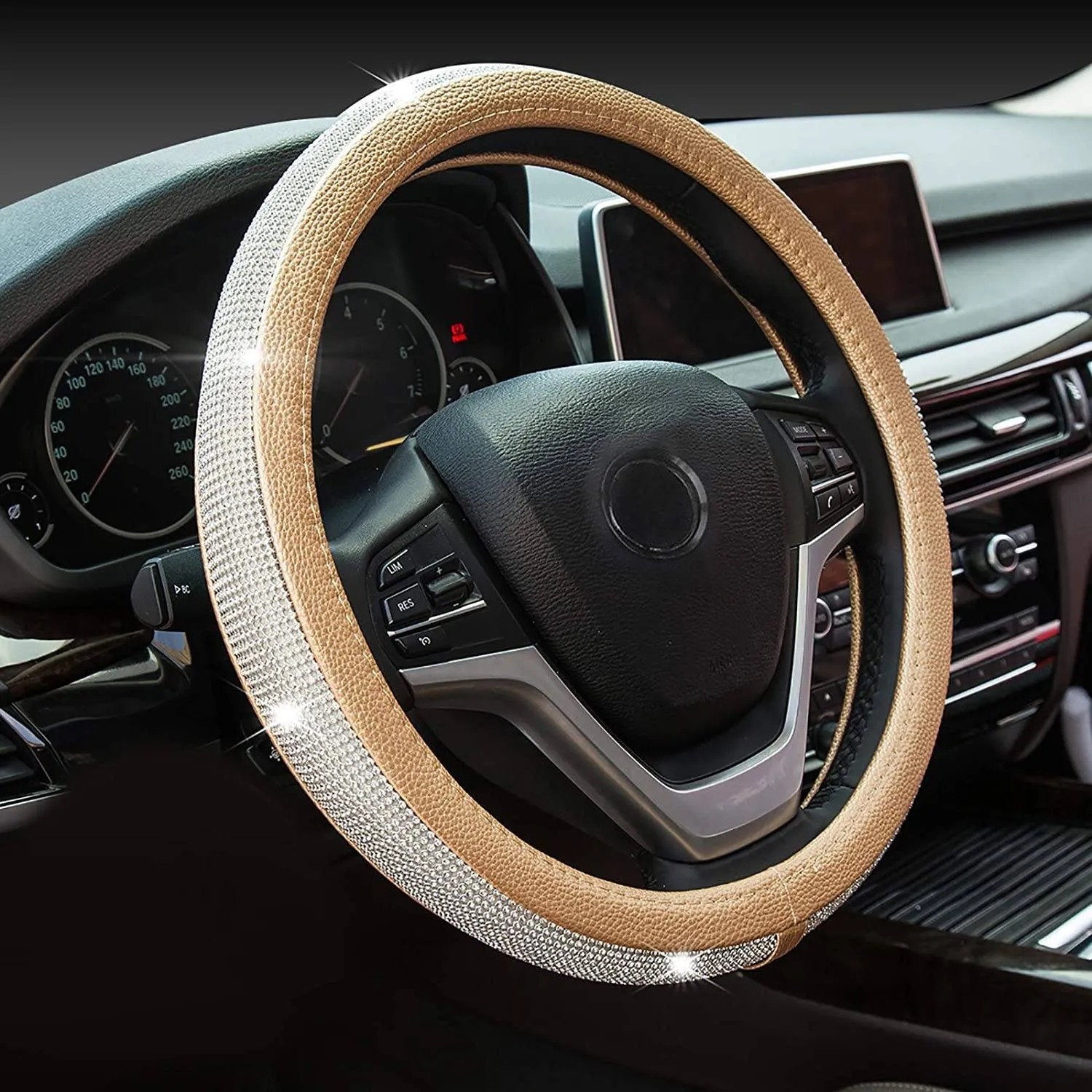 Diamond Leather Steering Wheel Cover with Bling Bling Crystal Rhinestones
