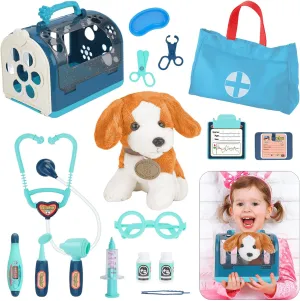 Doctor Kit for Kids with Dog Toy, Girls Boys Vet Playset Kit with Pet Cage & Stethoscope, Veterinarian Pretend Play Toys Doctor Kit for Toddlers Birthday Gift for Age 3 4 5 6 7 8 Years Role Play