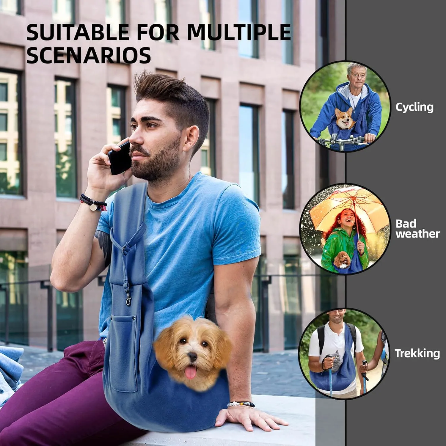 Dog Carrier Sling - Reversible Puppy Carrier Purse with Storage Pocket, Hand-Free Dog Sling Carrier for Carry Small Dogs and Cats, Travel Safety Harness, Dog and Cat Harness(Blue)
