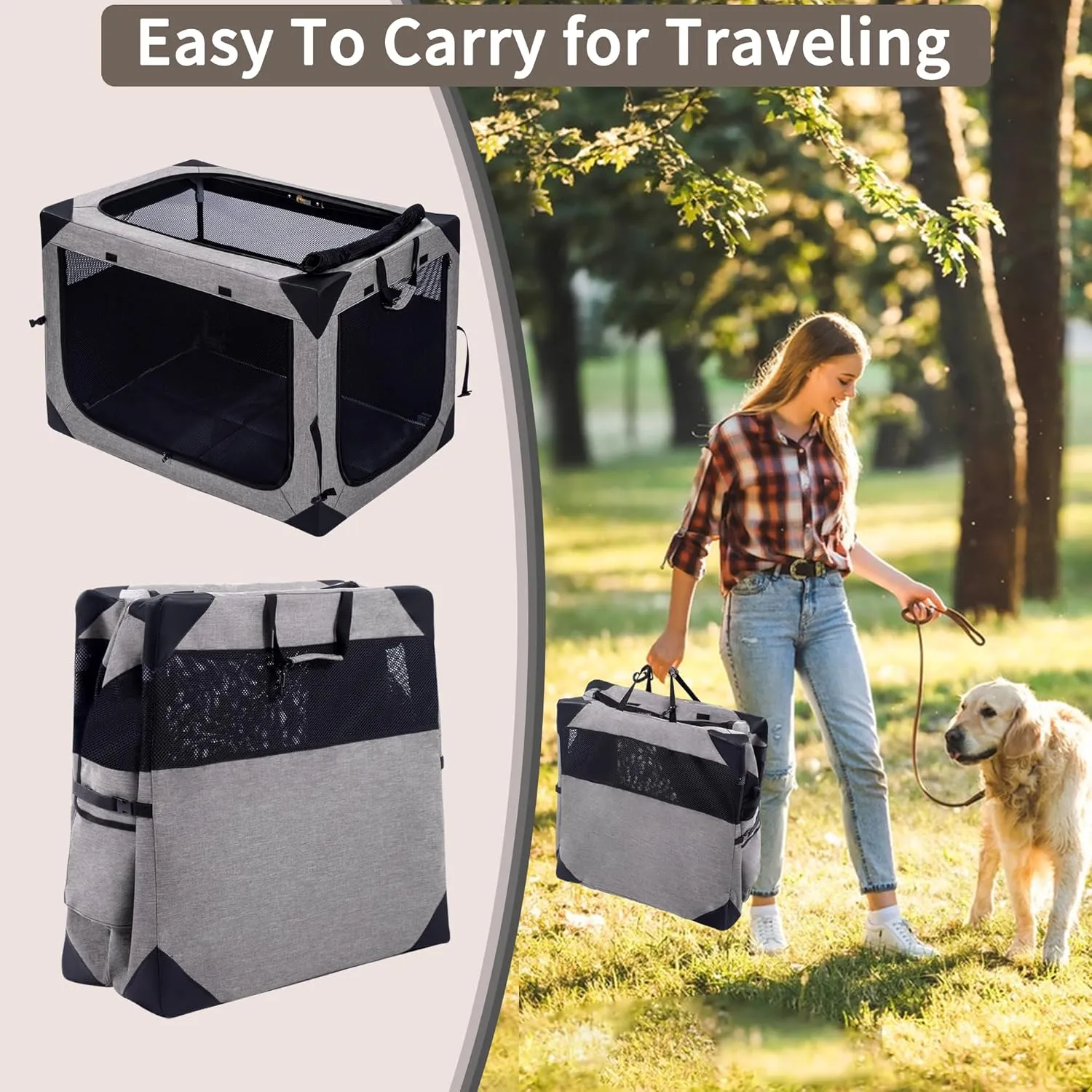 Dog Crates - 36 Inch Collapsible Soft Dog Crate, 3-Door Foldable Soft Kennel for Large Dogs, Portable Pet Travel Cage with Chew Proof Mesh Window for Outdoors
