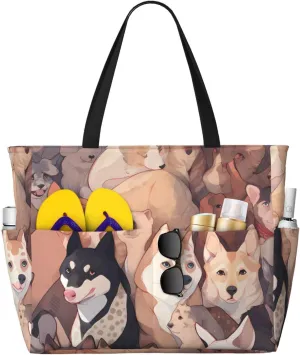 Dog Pictures Print 28L Large Beach Tote Bag, 7 Pockets Waterproof Travel Shoulder Bag, Gym Oversized Tote