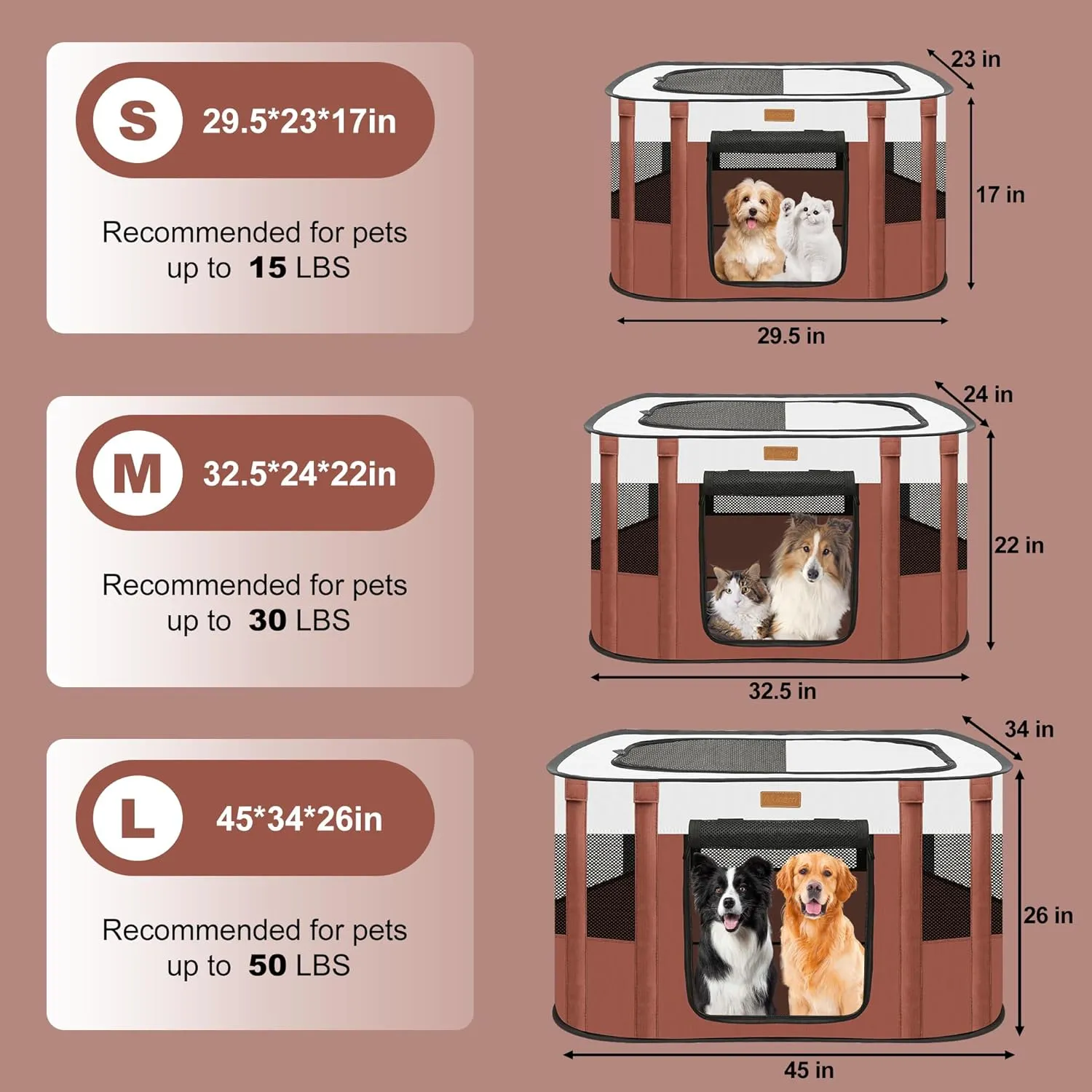 Dog Playpen - Foldable Cat Play Pens for Pubby, Kitten, Rabbit, Portable Pet Tent with Carring Bag for Indoor/Outdoor Travel Camping (Brown-Medium)