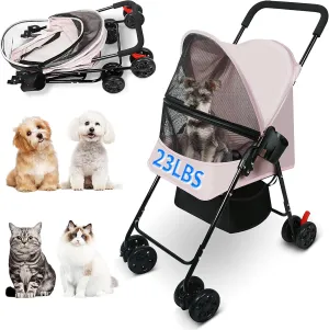 Dog Stroller for Small Dogs and Cats – Lightweight Foldable Pet Stroller with 4-Wheel Suspension, Portable Design for Travel, Indoor & Outdoor Use, Holds Pets up to 23 lbs