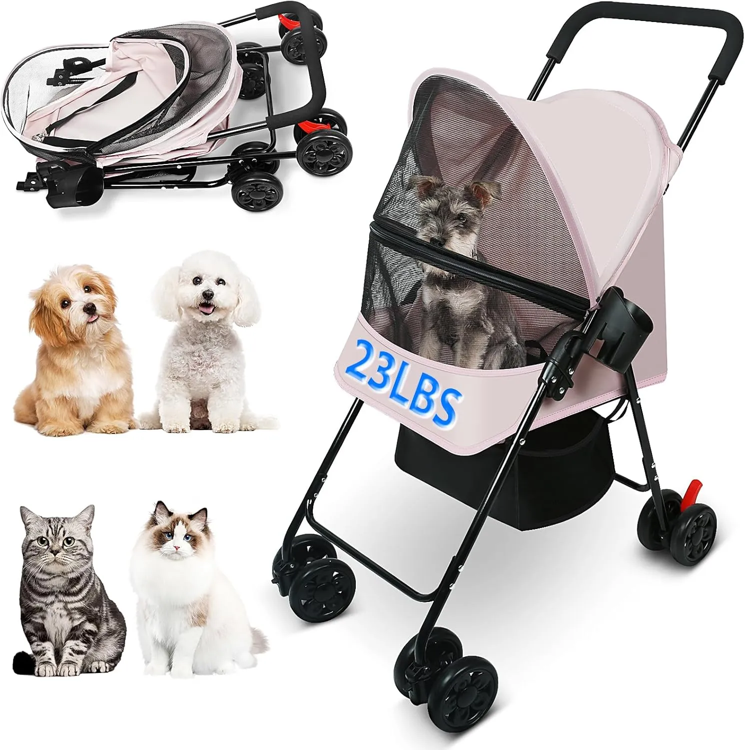 Dog Stroller for Small Dogs and Cats – Lightweight Foldable Pet Stroller with 4-Wheel Suspension, Portable Design for Travel, Indoor & Outdoor Use, Holds Pets up to 23 lbs