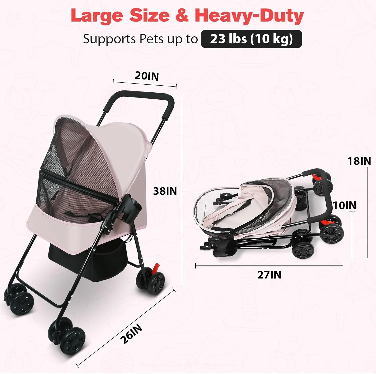 Dog Stroller for Small Dogs and Cats – Lightweight Foldable Pet Stroller with 4-Wheel Suspension, Portable Design for Travel, Indoor & Outdoor Use, Holds Pets up to 23 lbs