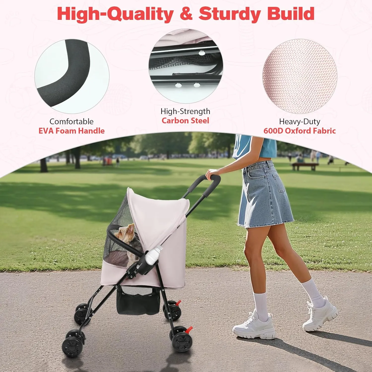 Dog Stroller for Small Dogs and Cats – Lightweight Foldable Pet Stroller with 4-Wheel Suspension, Portable Design for Travel, Indoor & Outdoor Use, Holds Pets up to 23 lbs