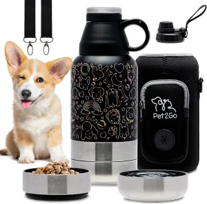 Dog Travel Water Bottle 32 oz. with Treat Holder & Detachable Bowls | Insulated, Portable Stainless Steel Water Dispenser for Pets | Dog Walking Accessory | Outdoor Dog Beach Gear (Gold)