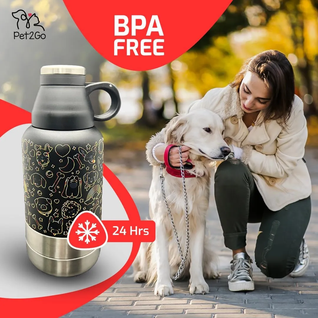 Dog Travel Water Bottle 32 oz. with Treat Holder & Detachable Bowls | Insulated, Portable Stainless Steel Water Dispenser for Pets | Dog Walking Accessory | Outdoor Dog Beach Gear (Gold)