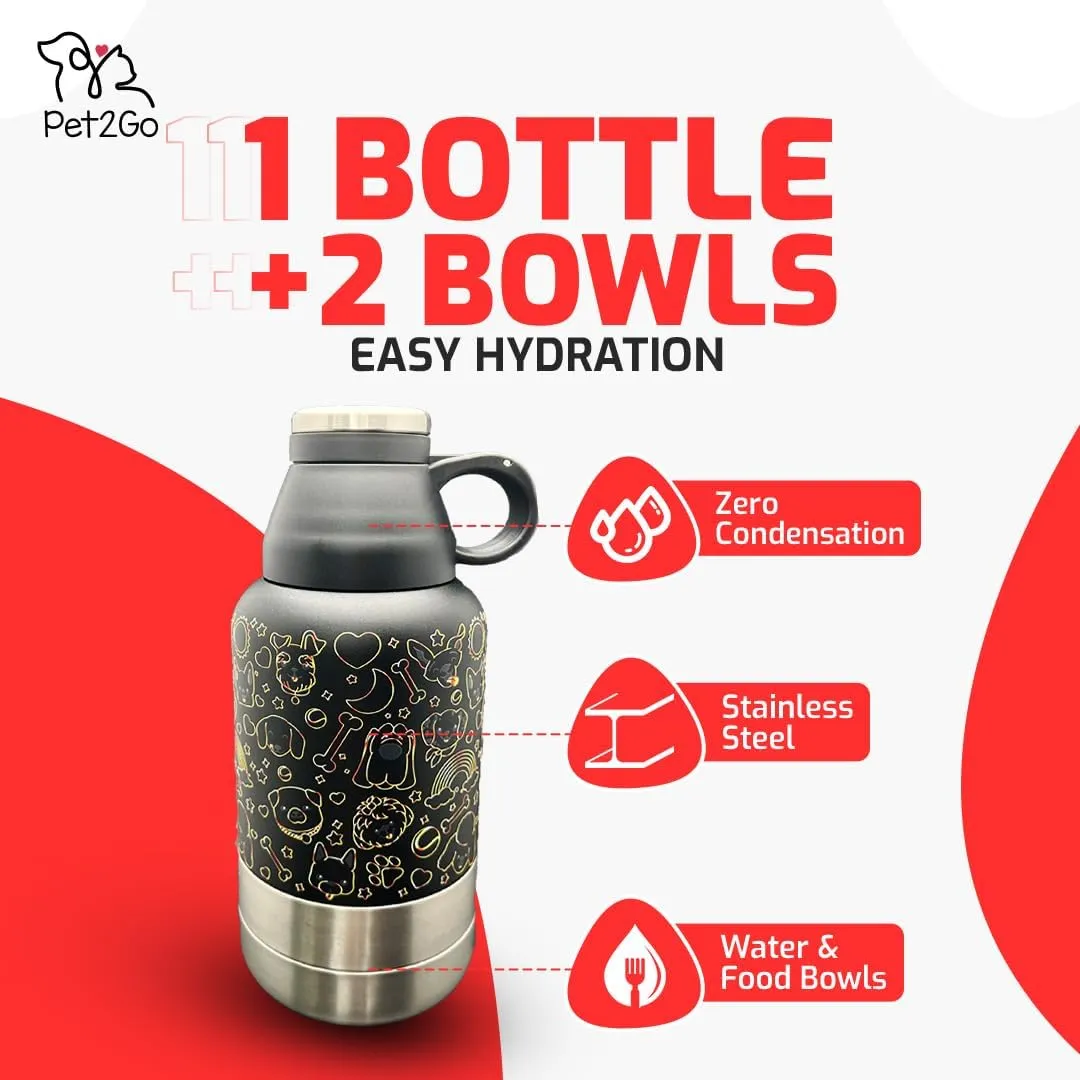 Dog Travel Water Bottle 32 oz. with Treat Holder & Detachable Bowls | Insulated, Portable Stainless Steel Water Dispenser for Pets | Dog Walking Accessory | Outdoor Dog Beach Gear (Gold)