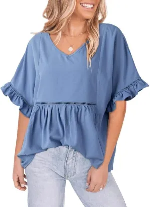 Dokotoo Womens Blouses Smocked Casual V Neck Ruffle Bell Half Sleeve Shirts Top