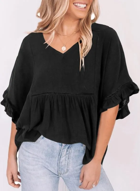 Dokotoo Womens Blouses Smocked Casual V Neck Ruffle Bell Half Sleeve Shirts Top