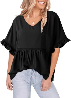 Dokotoo Womens Blouses Smocked Casual V Neck Ruffle Bell Half Sleeve Shirts Top