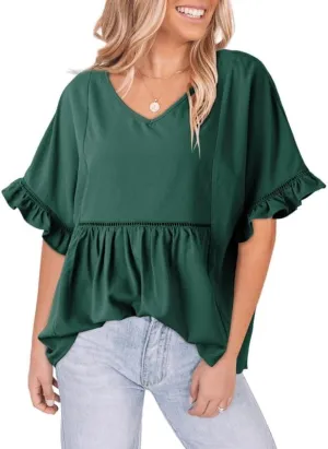 Dokotoo Womens Blouses Smocked Casual V Neck Ruffle Bell Half Sleeve Shirts Top