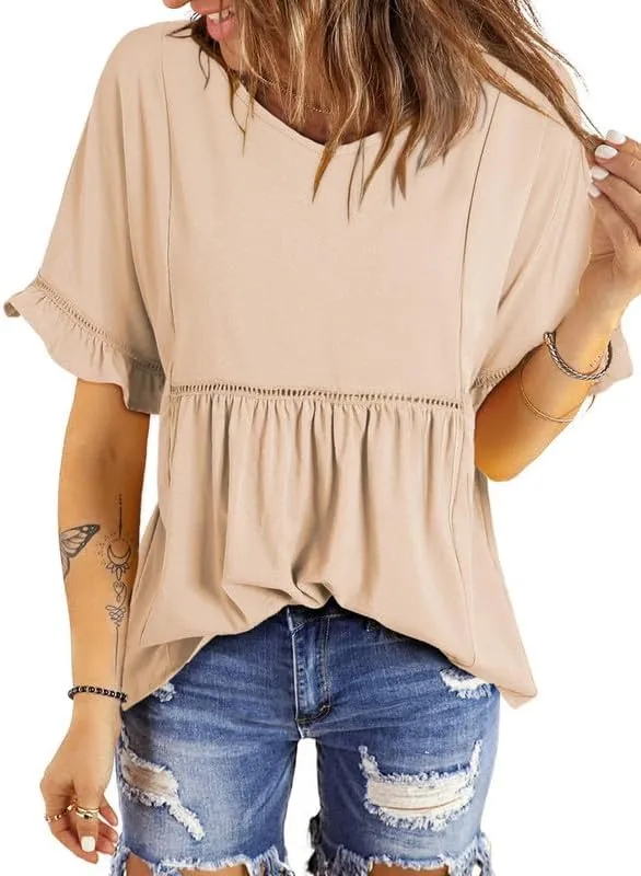 Dokotoo Womens Blouses Smocked Casual V Neck Ruffle Bell Half Sleeve Shirts Top