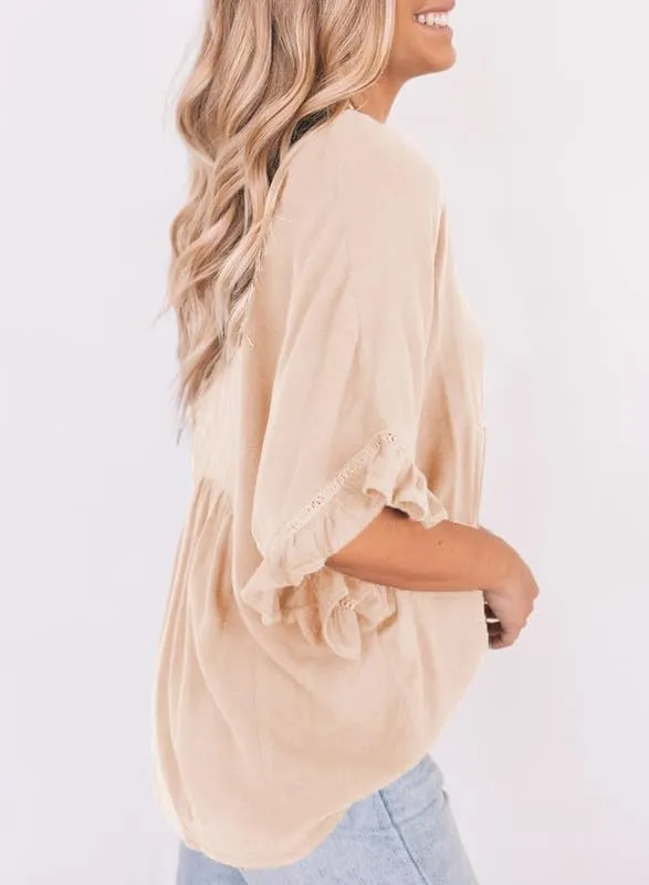 Dokotoo Womens Blouses Smocked Casual V Neck Ruffle Bell Half Sleeve Shirts Top