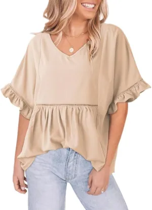 Dokotoo Womens Blouses Smocked Casual V Neck Ruffle Bell Half Sleeve Shirts Top