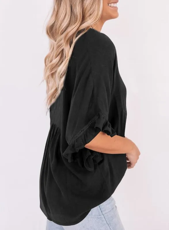 Dokotoo Womens Blouses Smocked Casual V Neck Ruffle Bell Half Sleeve Shirts Top