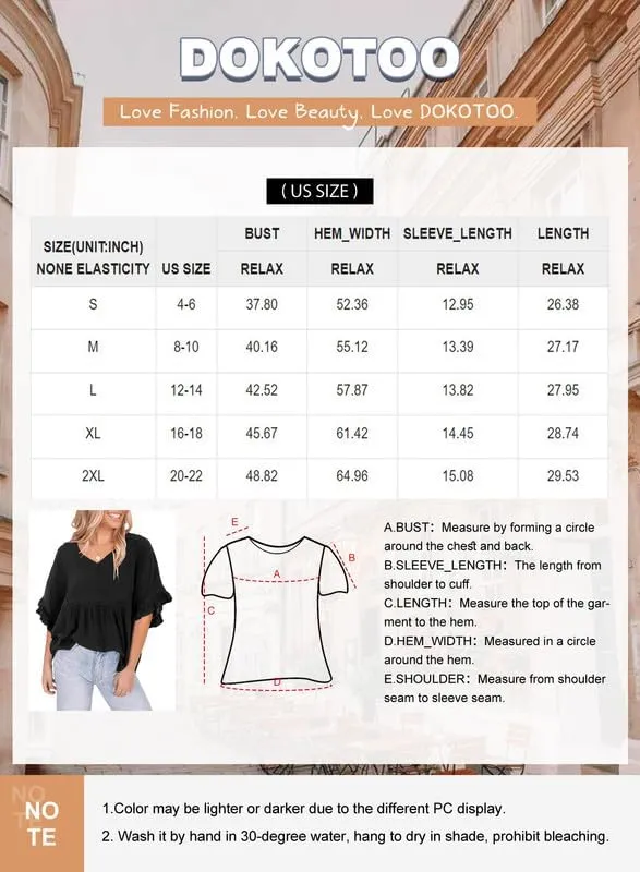Dokotoo Womens Blouses Smocked Casual V Neck Ruffle Bell Half Sleeve Shirts Top