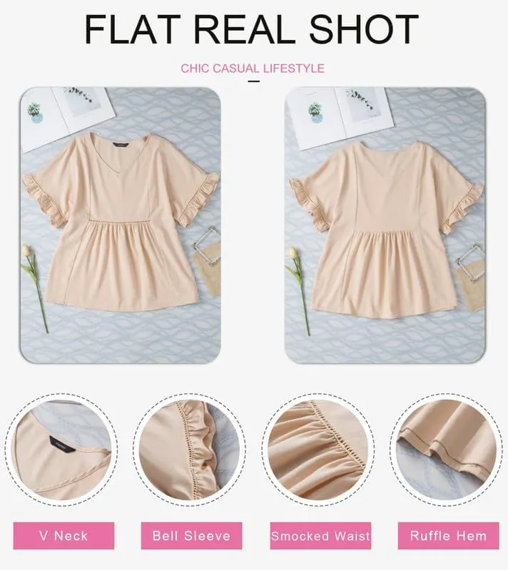 Dokotoo Womens Blouses Smocked Casual V Neck Ruffle Bell Half Sleeve Shirts Top