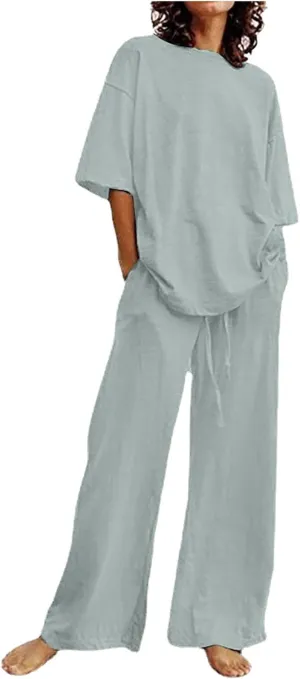 DOLKFU Plus Size 2 Piece Sets For Women Summer Beach Vacation Outfits Oversized Linen Tops And Wide Leg Pants Matching Set