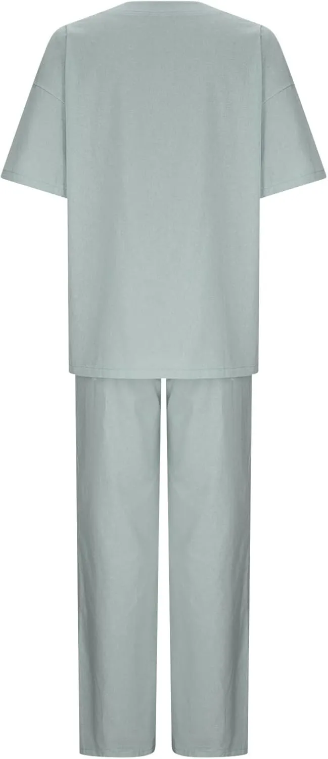 DOLKFU Plus Size 2 Piece Sets For Women Summer Beach Vacation Outfits Oversized Linen Tops And Wide Leg Pants Matching Set