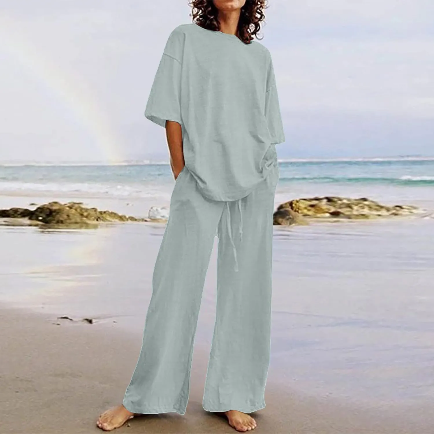 DOLKFU Plus Size 2 Piece Sets For Women Summer Beach Vacation Outfits Oversized Linen Tops And Wide Leg Pants Matching Set