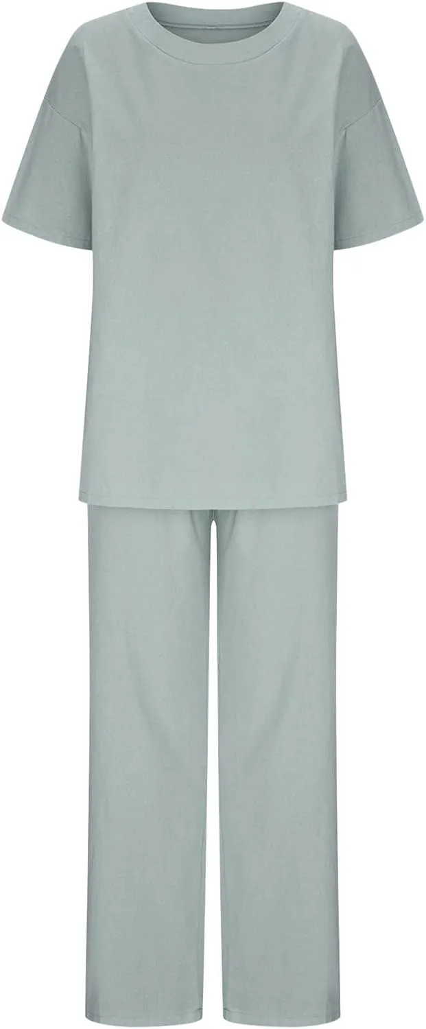 DOLKFU Plus Size 2 Piece Sets For Women Summer Beach Vacation Outfits Oversized Linen Tops And Wide Leg Pants Matching Set