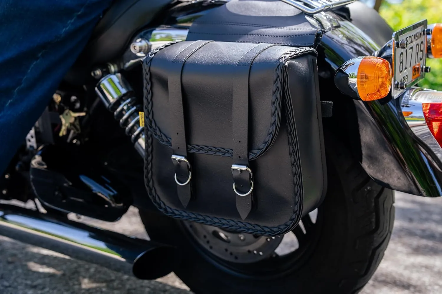 Dowco Willie & Max 58230-20 Braided Series: Synthetic Leather Straight Motorcycle Saddlebag Set, Black, Universal Fit, 8 Liter Each/16 Liter Total Capacity