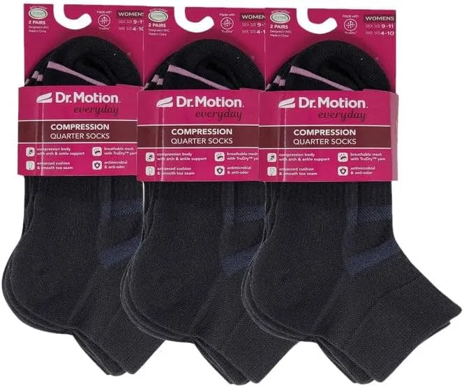 Dr. Motion Compression Quarter Socks For Women With Enhanced Cushion And Breathable Arch Support 6 Pairs