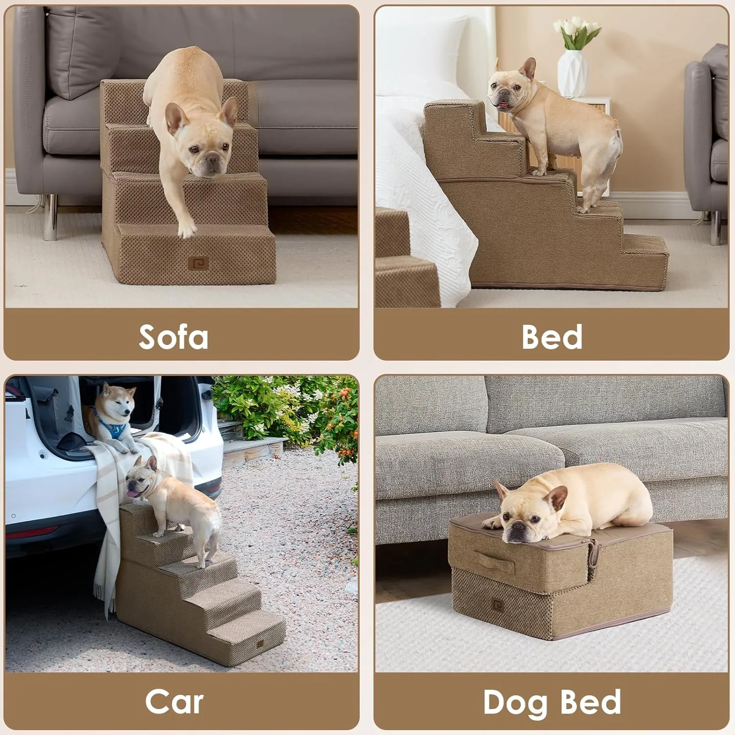 EHEYCIGA Dog Stairs for Bed 18”H, 4-Step Dog Steps for High Bed, Pet Steps for Small Dogs and Cats, Non-Slip Balanced Pet Ramp Indoor, Camel