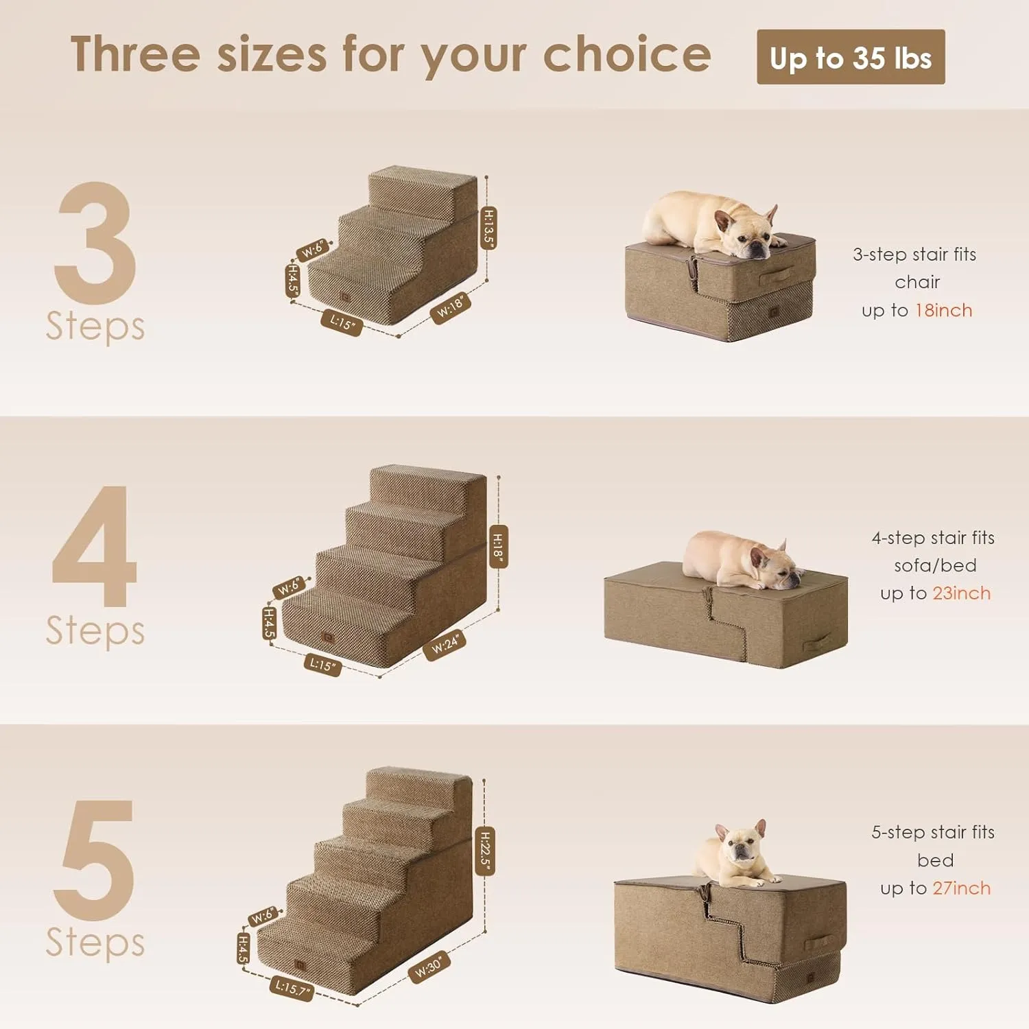 EHEYCIGA Dog Stairs for Bed 18”H, 4-Step Dog Steps for High Bed, Pet Steps for Small Dogs and Cats, Non-Slip Balanced Pet Ramp Indoor, Camel