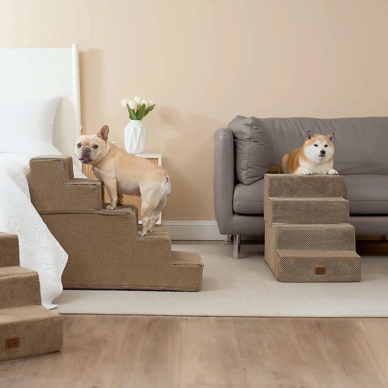 EHEYCIGA Dog Stairs for Bed 18”H, 4-Step Dog Steps for High Bed, Pet Steps for Small Dogs and Cats, Non-Slip Balanced Pet Ramp Indoor, Camel