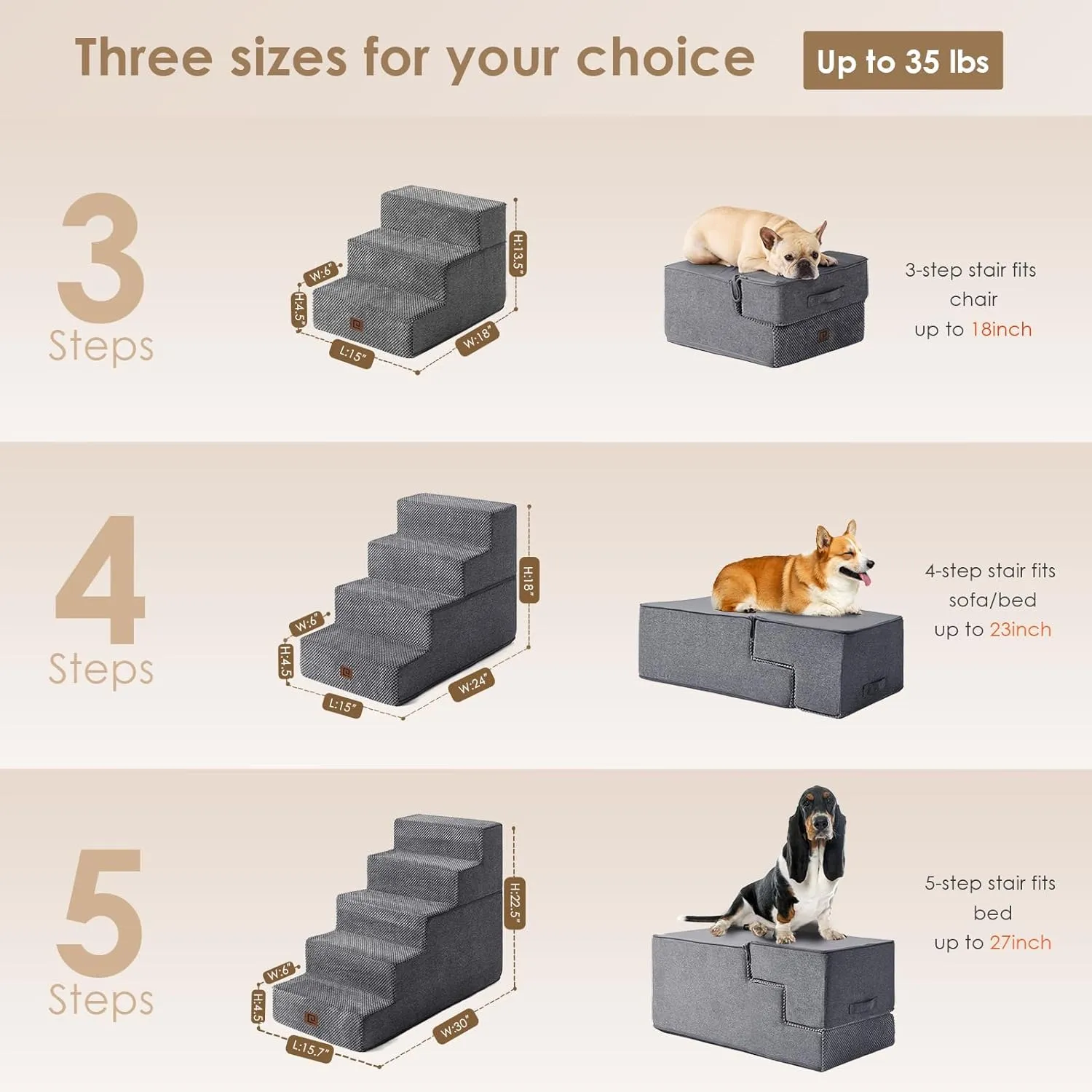 EHEYCIGA Dog Stairs Ramp for Small Dogs 13.5" H, 3-Step Dog Steps for Couch Sofa and Chair, Pet Steps for Small Cats, Non-Slip Balanced Pet Ramp Indoor, Grey
