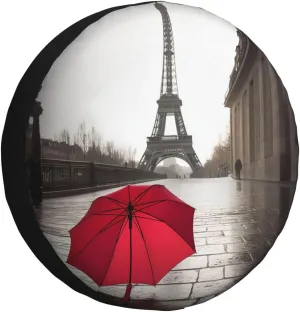 Eiffel Tower Paris Street Red Umbrella Tire Cover Outdoor Waterproof Snow Sun Rain Wheel Cover Portable Wheel Bags Camper Spare Tire Cover Universal Car Tire Protectors for Trailer RV SUV