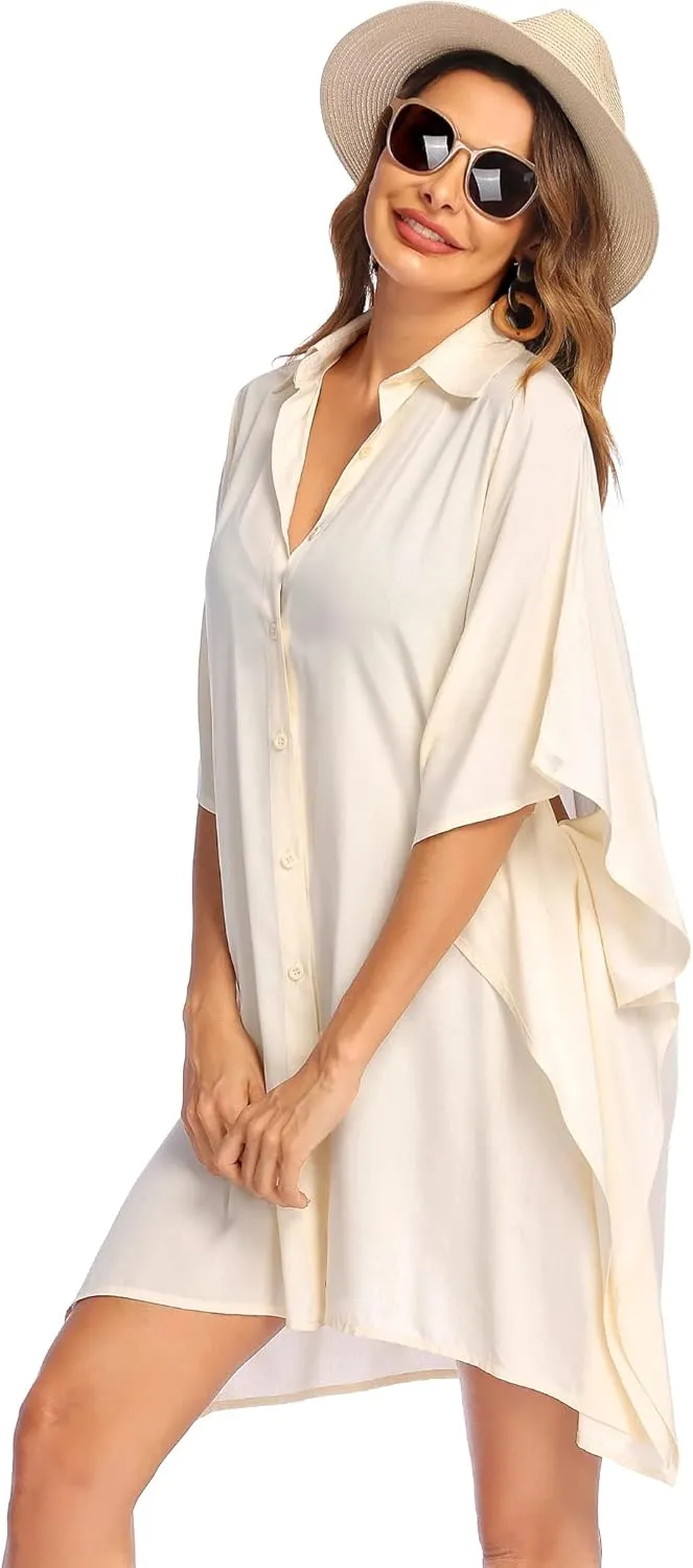 Ekouaer Women's Swimsuit Cover Up 3/4 Sleeve Beachwear Bikini Coverups Button Down Oversized Cover Up Shirt S-3XL