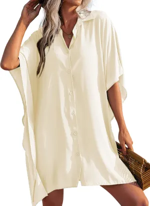 Ekouaer Women's Swimsuit Cover Up 3/4 Sleeve Beachwear Bikini Coverups Button Down Oversized Cover Up Shirt S-3XL