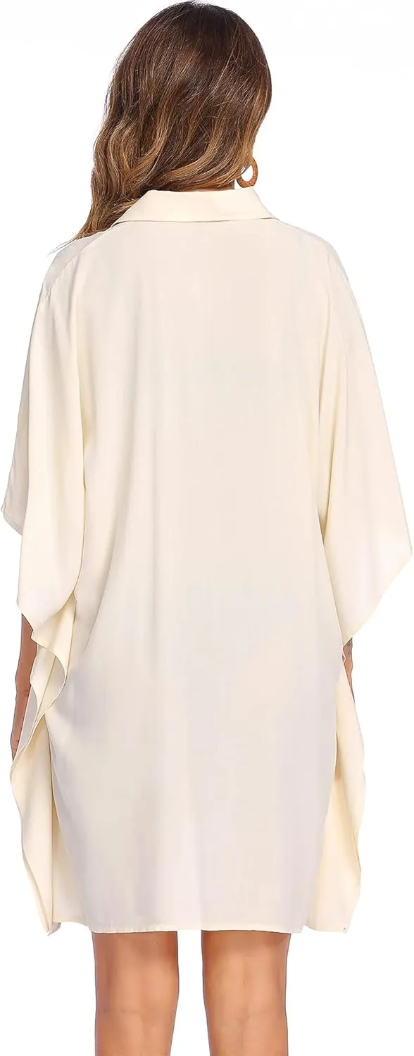 Ekouaer Women's Swimsuit Cover Up 3/4 Sleeve Beachwear Bikini Coverups Button Down Oversized Cover Up Shirt S-3XL