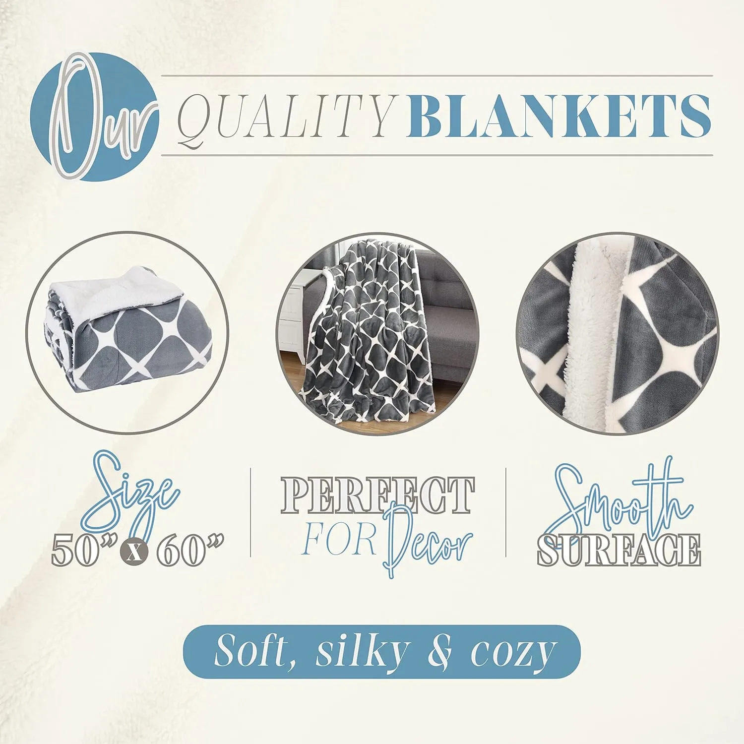 Elegant Comfort Reversible, Printed Sherpa Throw Blanket, All-Season Blanket- Super Soft, Cozy and Plush- Decorative Throw, Perfect for Lounging, 50 x 60 inches, Bloomingdale, Sherpa Throw Silver Grey