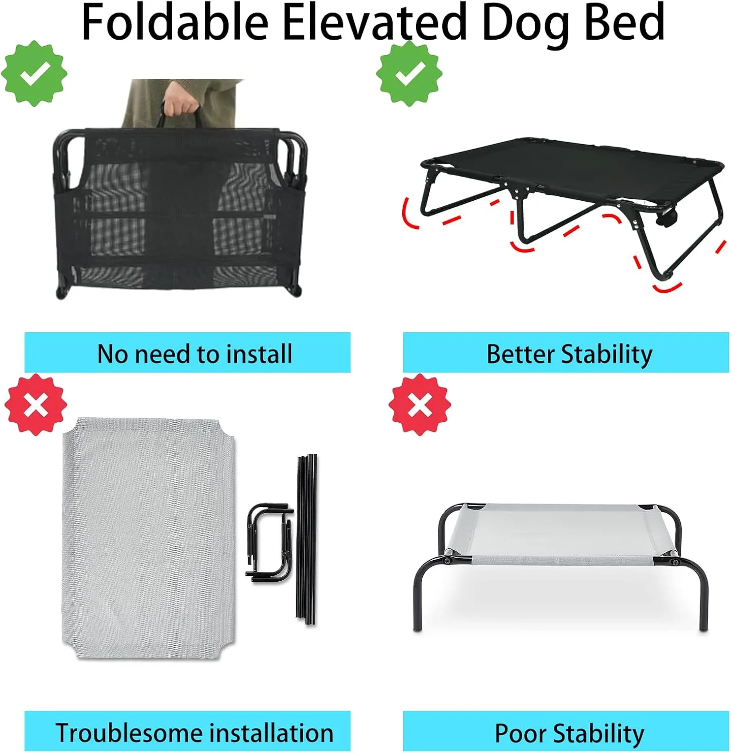 Elevated Cooling Dog Cot Pet Bed with Breathable Mesh Folding No Assembly Indoor/Outdoor Pet Hammock Bed Raised Dog Cots Beds Multiple Sizes for Small Meduim Large Dogs