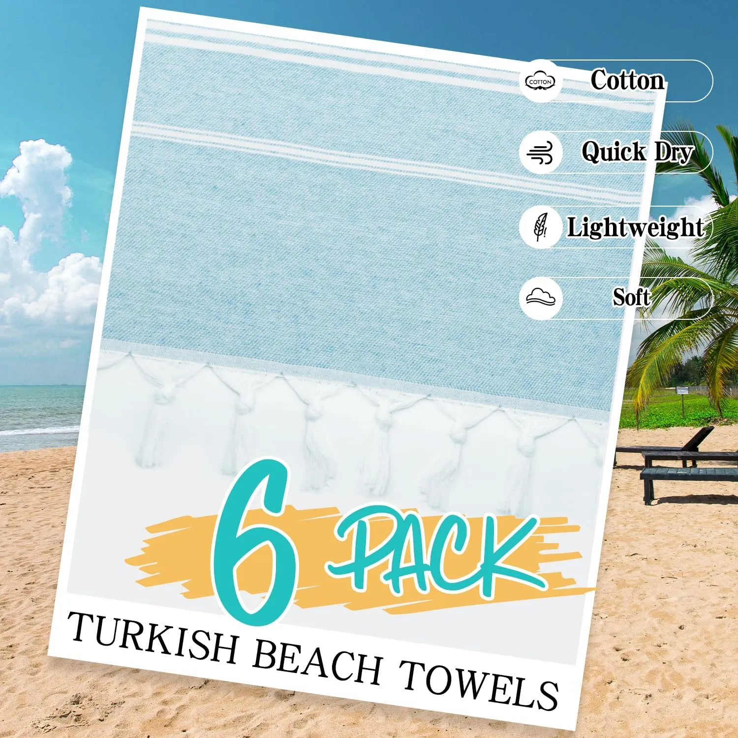 Eliamo Turkish Beach Towel Set of 6 Beach Towels Cotton Quick Dry Sand Free 36 x 71 inch Turkish Towel Oversized Lightweight Beach Towels Blue