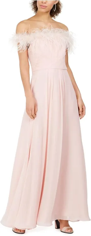 Eliza J Womens Faux-Feather Gown Off-Shoulder Dress, Pink, 4